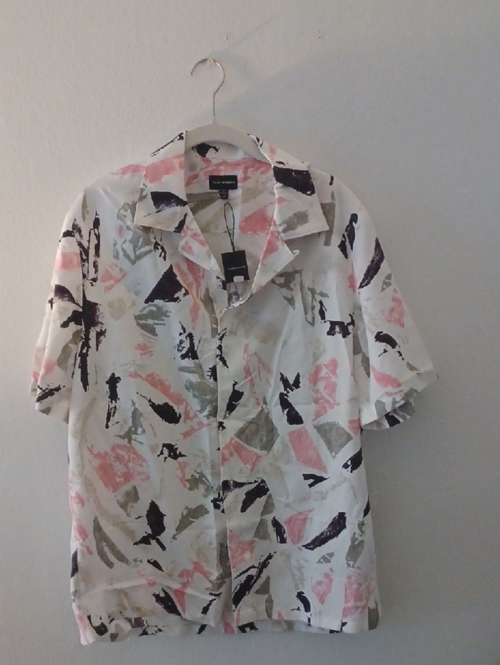Club Monaco White Shirt with Pink and Olive Abstract Print